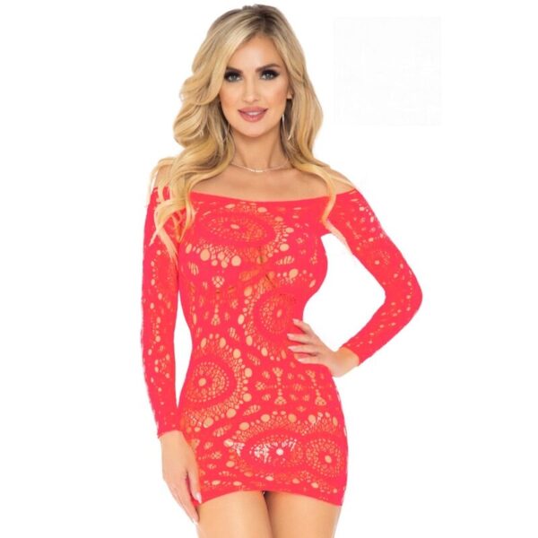 Mercadox LEG AVENUE - MINI VESTIDO DE CROCHÊ DE RENDA MANGA COMPRIDA VERMELHO TAMANHO ÚNICO