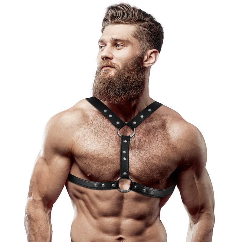 Mercadox FETISH SUBMISSIVE ATTITUDE - ARNÊS DE PEITO DE COURO ECOLÓGICO COM SUPORTE DUPLO E TACHAS PARA HOMENS