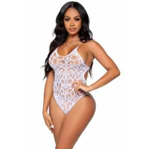 LEG AVENUE – SEAMLESS SCROLL LACE TEDDY – BRANCO