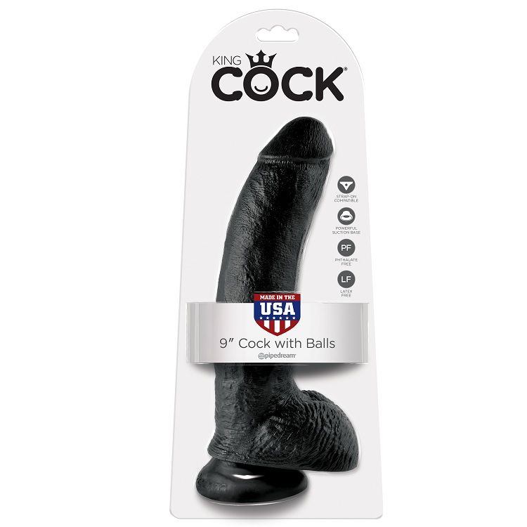 Mercadox KING COCK - 9 DILDO PRETO COM BOLAS 22.9 CM