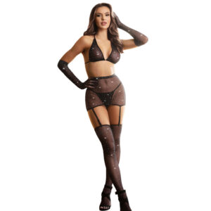 SUBBLIME – 952174 BODYSTOCKING DE REDE COM LUVAS E DIAMANTES PRETO TAMANHO ÚNICO