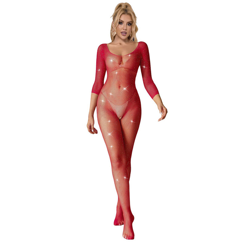 Mercadox SUBBLIME - 952419 BODYSTOCKING DE REDE COM DIAMANTES MANGA COMPRIDA VERMELHO TAMANHO ÚNICO