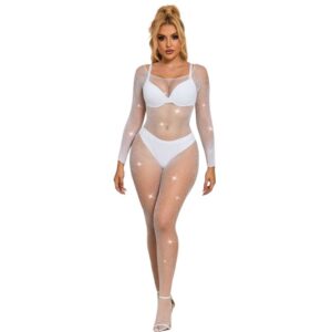 SUBBLIME – 952396 BODYSTOCKING DE REDE COM DIAMANTES MANGA COMPRIDA BRANCO TAMANHO ÚNICO