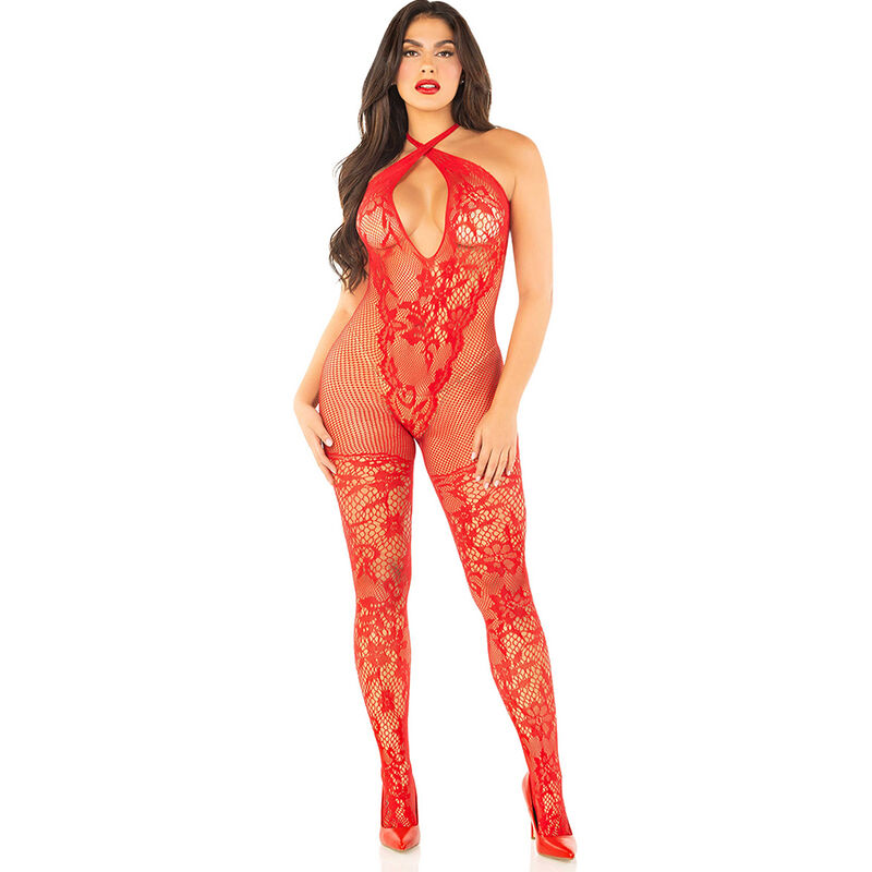 Mercadox LEG AVENUE - BODYSTOCKING DE MALHA COM ESTAMPA DE FLORES VERMELHO TAMANHO ÚNICO