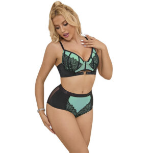 SUBBLIME – 955564 CONJUNTO DE SUTIÃ DE COURO VERDE COM ZÍPER DE MALHA L/XL