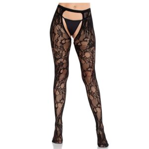 LEG AVENUE – MEIAS DE RENDA ROSA COM COSTAS ABERTAS PRETAS
