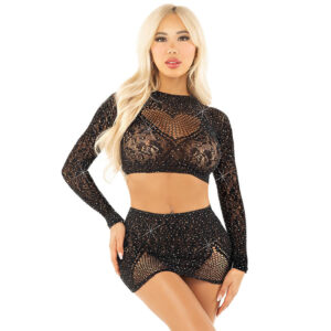 LEG AVENUE – CROPPED DE REDE BRILHANTE + MINI SAIA PRETA