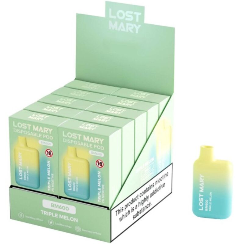 Mercadox LOST MARY - (EXPOSITOR PROFESSIONAL PACK -10 UNIDADES) BM600 NICOTINE VAPER 2% DESCARTÁVEL TRIPLE MELÃO