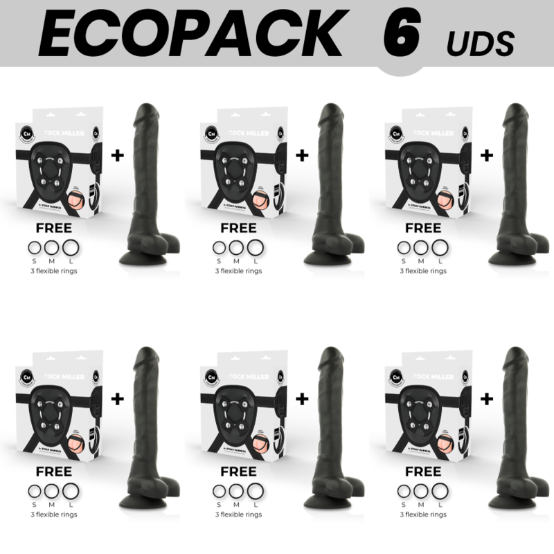 Mercadox ECOPACK 6 UNIDADES - COCK MILLER ARNÊS + DENSIDADE DE SILICONE ARTICULVEL PRETO COCKSIL 24 CM