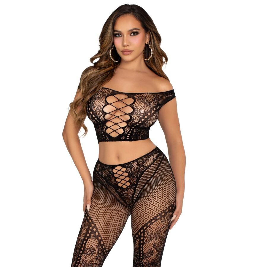 Mercadox LEG AVENUE - TOP CROP E LEGGING DE REDE COM OMBROS À FRENTE PRETO
