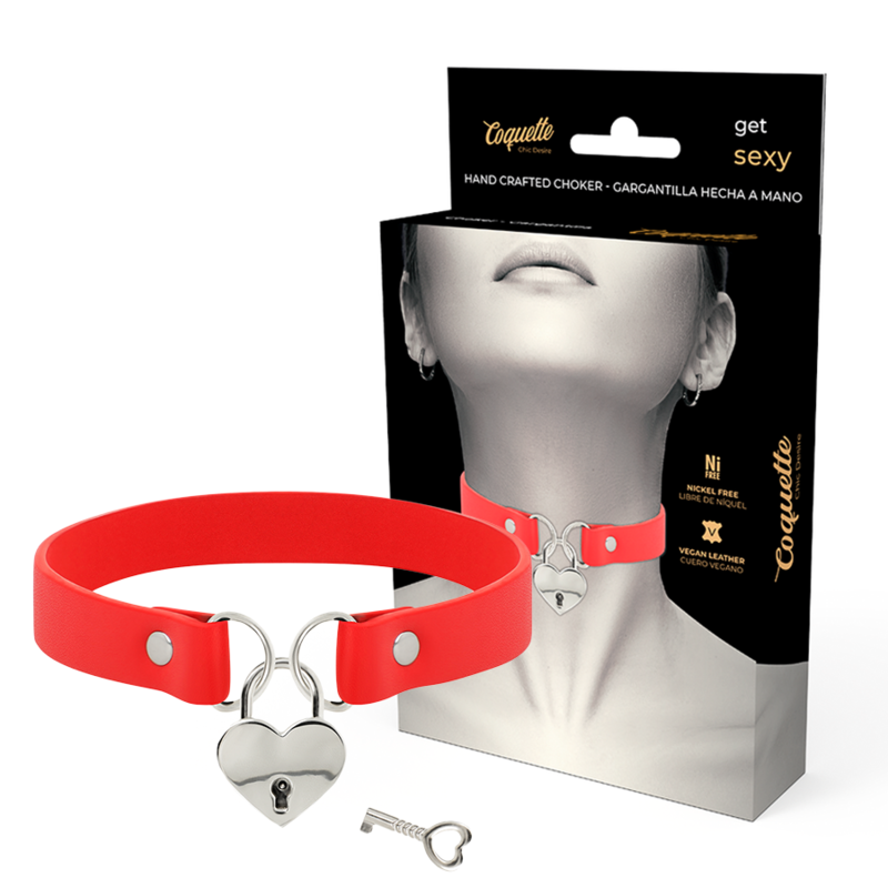 Mercadox COQUETTE CHIC DESIRE - COLAR DE COURO VEGANO VERMELHO COM ACESSÓRIO DE CORAO COM CHAVE