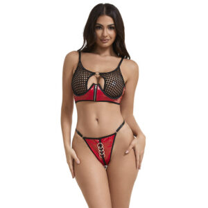 SUBBLIME – 955533 CONJUNTO DE SUTIÃ DE COURO VERMELHO COM ZÍPER DE MALHA S/M