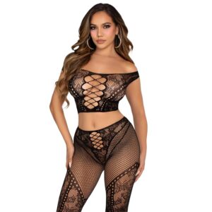 LEG AVENUE – TOP CROP E LEGGING DE REDE COM OMBROS À FRENTE PRETO