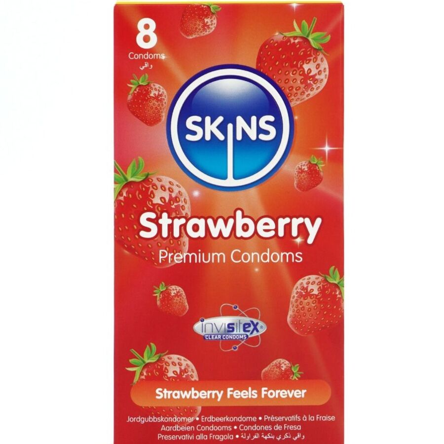 Mercadox SKINS - PRESERVATIVOS PREMIUM DE MORANGO - PACOTE COM 8