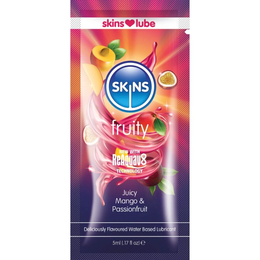Mercadox SKINS - LUBRIFICANTE À BASE DE ÁGUA COM SABOR FRUTADO DE MANGA E MARACUJÁ - DOSE ÚNICA DE 5 ML