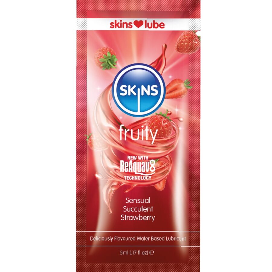 Mercadox SKINS - LUBRIFICANTE À BASE DE ÁGUA COM SABOR FRUTADO DE MORANGO - DOSE ÚNICA DE 5 ML