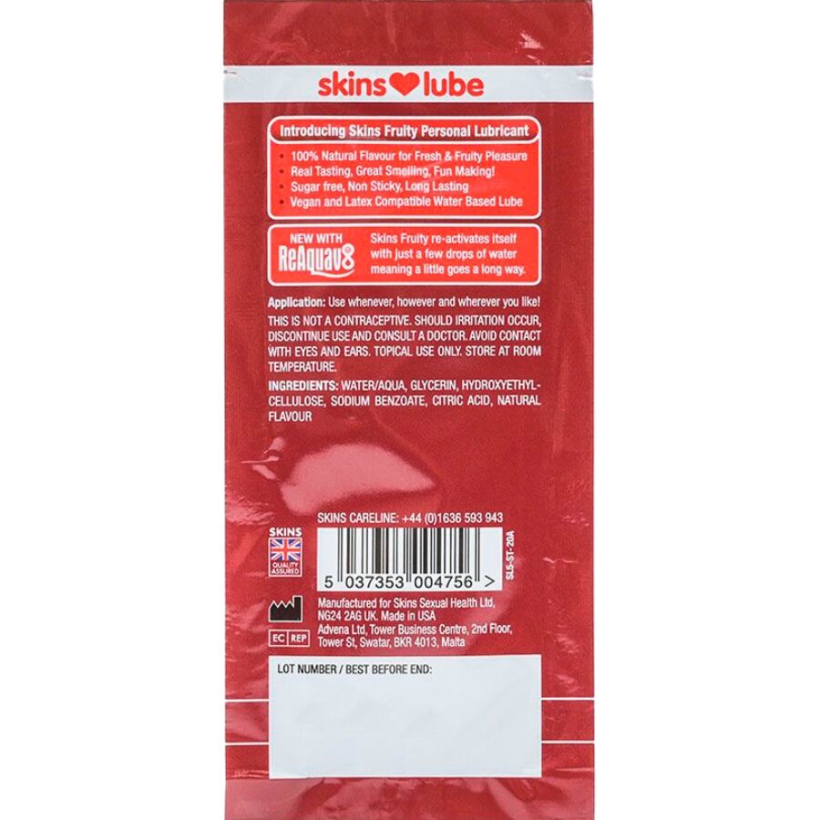 SKINS - LUBRIFICANTE À BASE DE ÁGUA COM SABOR FRUTADO DE MORANGO - DOSE ÚNICA DE 5 ML - Image 2