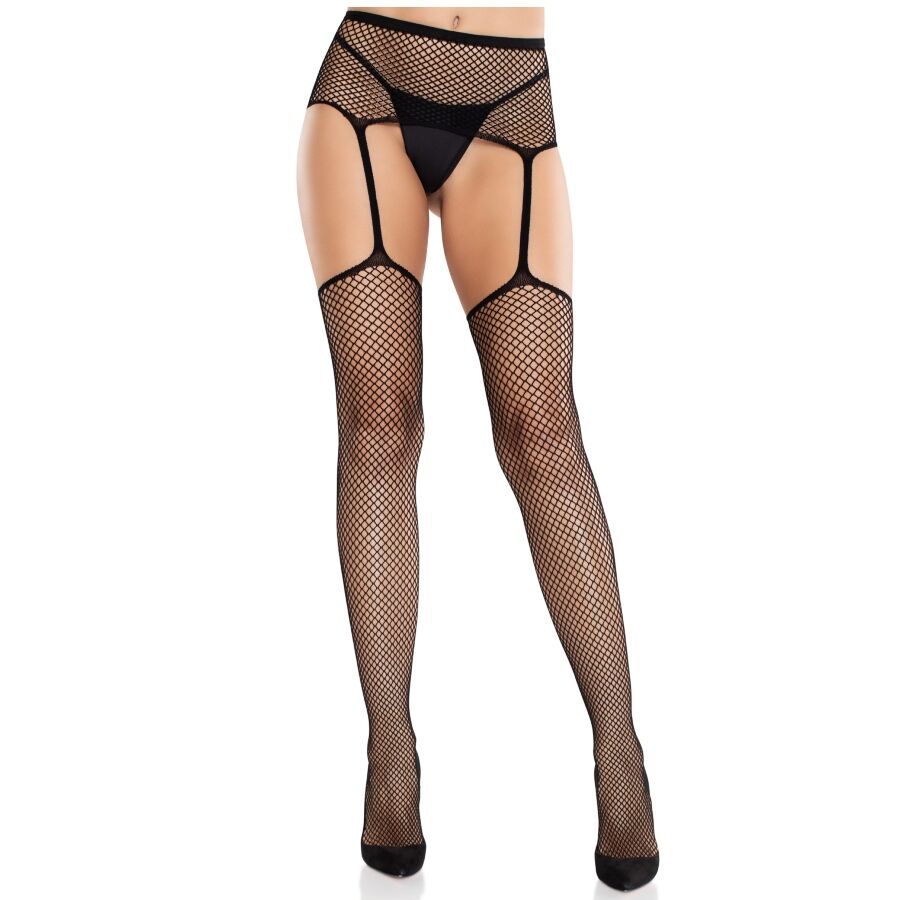 Mercadox LEG AVENUE - MEIAS DE RENDA COM CRUZ E CINTO-LIGA PRETO