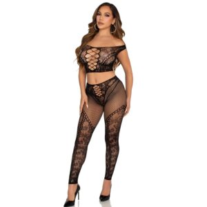 LEG AVENUE – TOP CROP E LEGGING DE REDE COM OMBROS À FRENTE PRETO