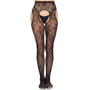 LEG AVENUE – 1967 MEIA-CALÇA COM LIGAS EM REDE PRETA – TAMANHO ÚNICO