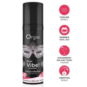 ORGIE – DUAL VIBE! VIBRADOR LÍQUIDO BEIJÁVEL COM SABOR DE MORANGO, GIN TÔNICA, 15 ML